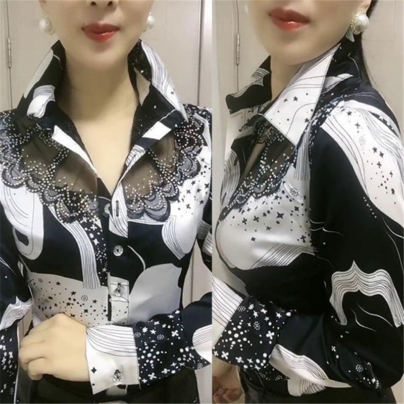Chemise à manches longues pour femmes Chemise en mousseline de soie à coutures en dentelle de style occidental