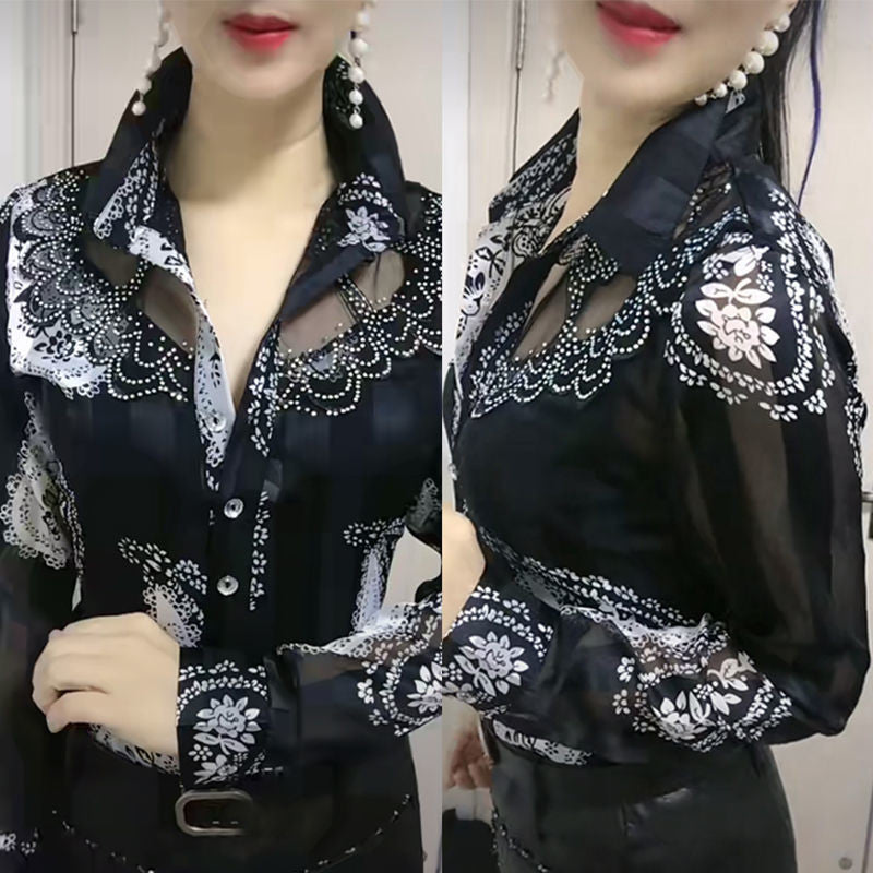 Chemise à manches longues pour femmes Chemise en mousseline de soie à coutures en dentelle de style occidental