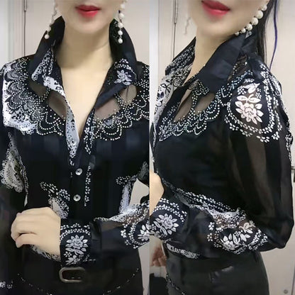 Women's Long-sleeved Bottoming Shirt Western Style Lace Stitching Chiffon Shirt