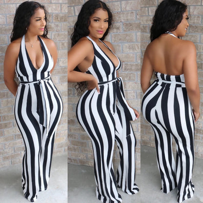 Halter Back Striped Flared Jumpsuit With Belt