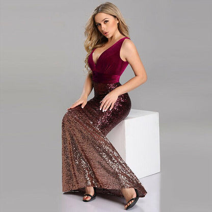 V-neck Sequin Evening Dress With Waist Long Skirt