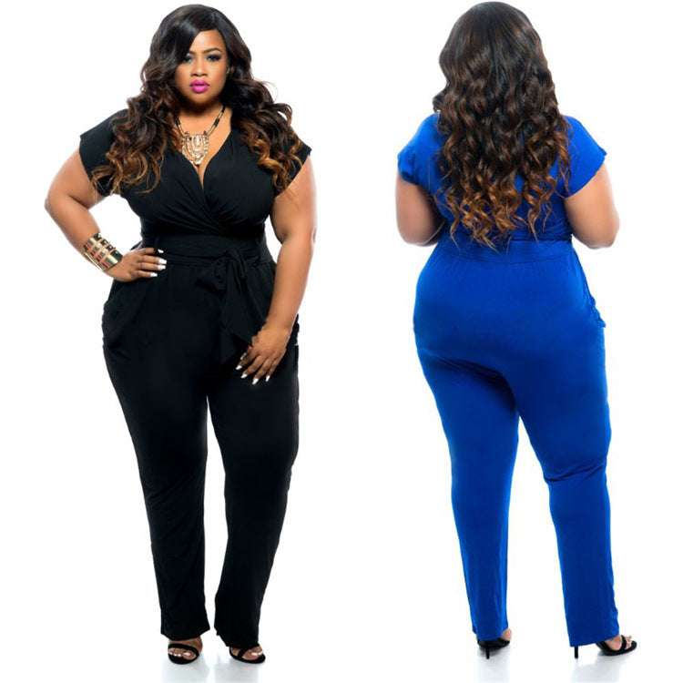 Women V-neck Stretch Solid Color Jumpsuit