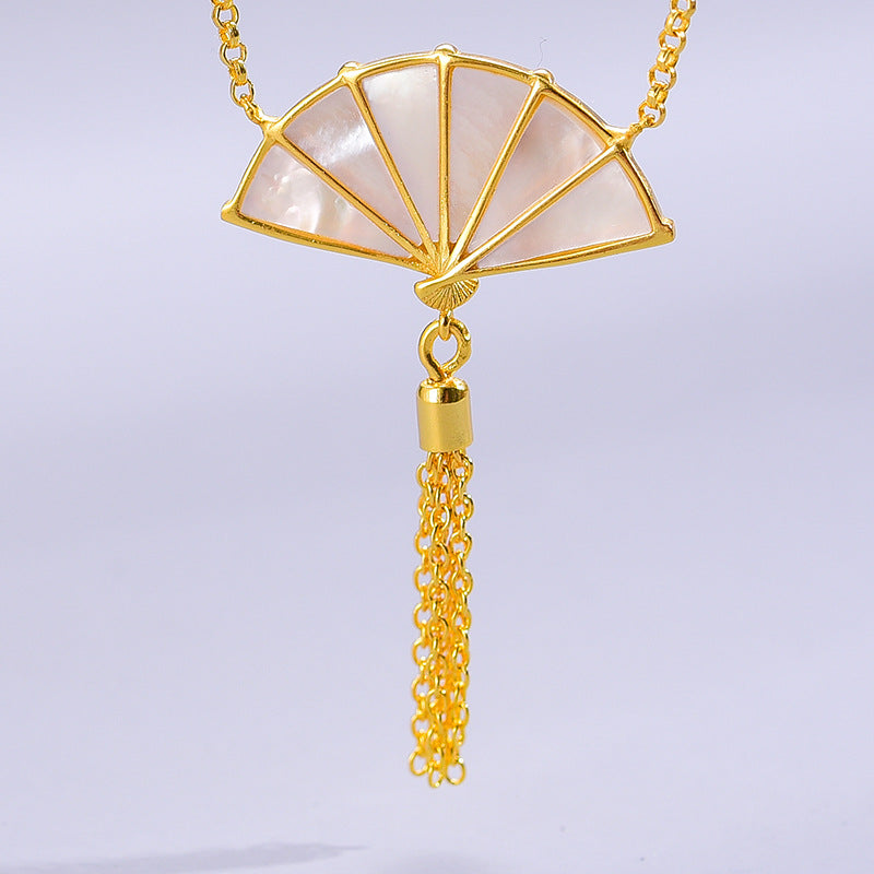 Folding Fan Tassel Handle Pendant Necklace For Women