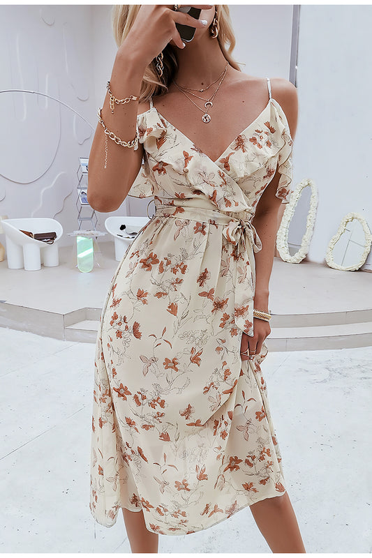 Women Fashion Ruffle Print Dress