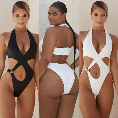 Women  One-Piece Swimsuit Solid Color Cross Hollow Bikini