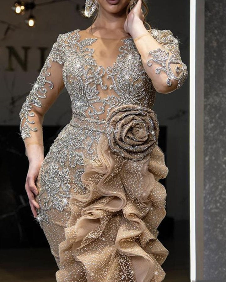 Robe de soirée traînante or saupoudrée pour femme