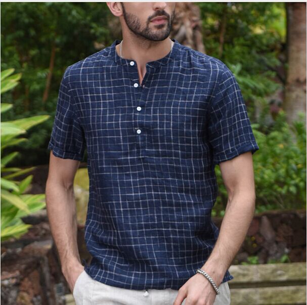 Men's Check Button Cotton And Linen Short Sleeve Shirt