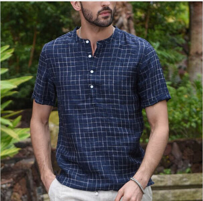 Men's Check Button Cotton And Linen Short Sleeve Shirt