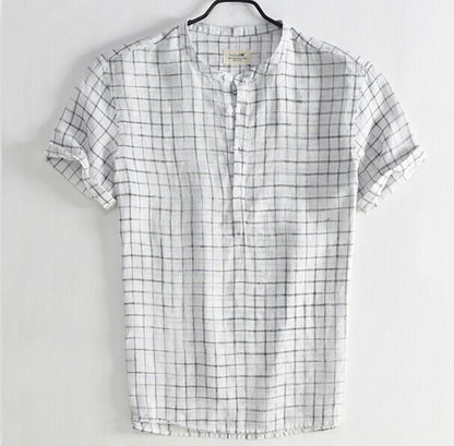 Men's Check Button Cotton And Linen Short Sleeve Shirt