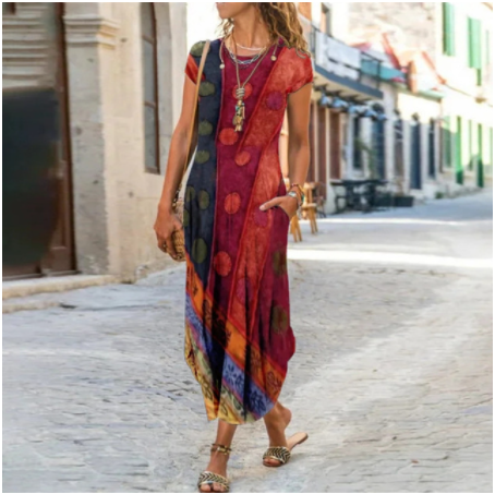 Robe imprimée à la mode à manches courtes et à col rond