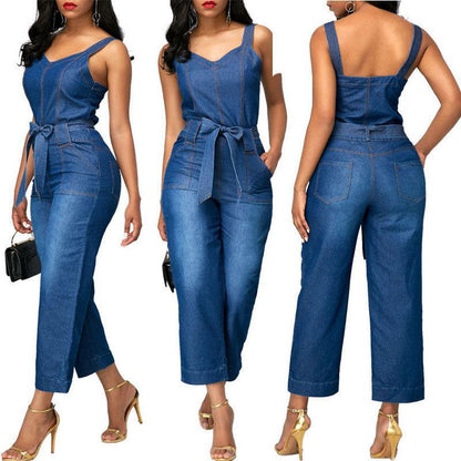 Sling Bowknot Denim Jumpsuit