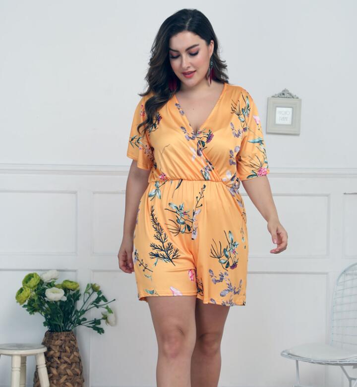 Mamelucos casuales de cintura de manga corta con estampado de V profundo para mujer