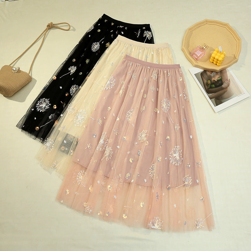 Pleated tulle skirt skirt dandelion embroidered long skirt