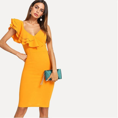 Sleeveless Ruffle Layered Flounce Trim Split Back V Neck Dress