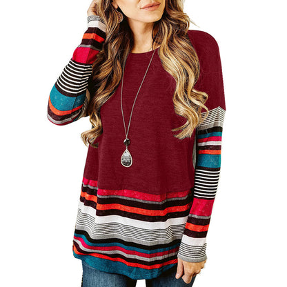 Long sleeve striped round neck T-shirt sweatshirt