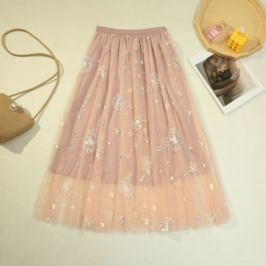 Pleated tulle skirt skirt dandelion embroidered long skirt