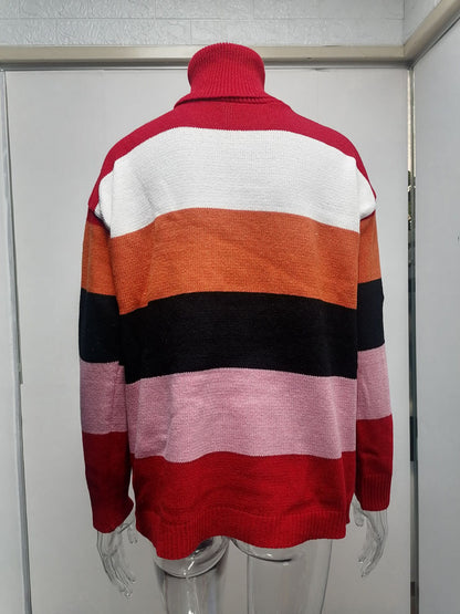 Ladies High Neck Stitching Knitted Striped Sweater