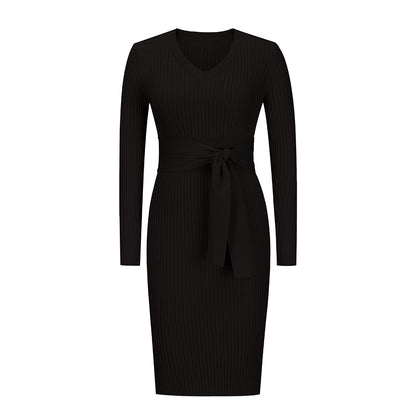 Women Long Sleeve V-Neck Slim Dress