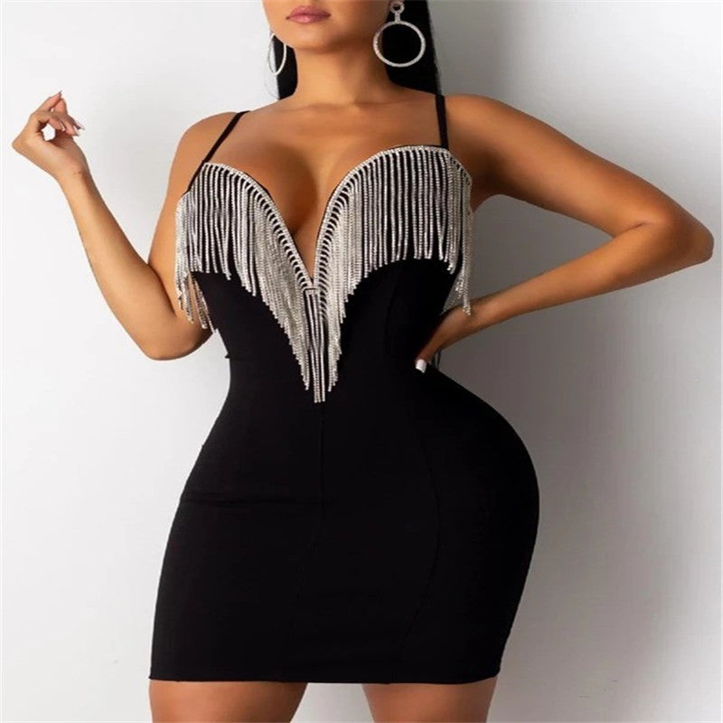 Rhinestone Fringed V-Neck Dress