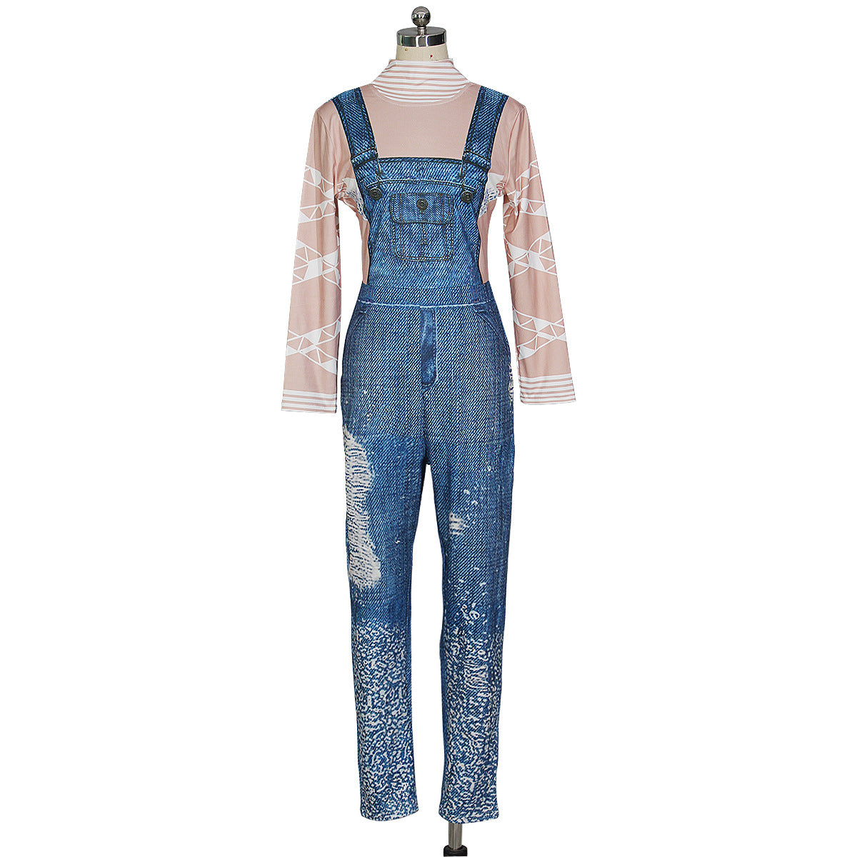 Fashion denim suspender printed Jumpsuit