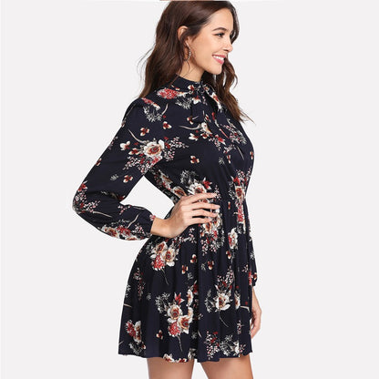 Elegant Long Sleeve High Waist Floral Dress