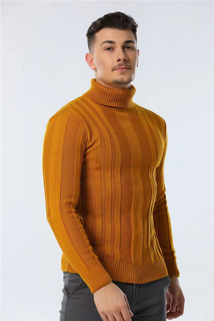 Suéter casual de rayas cálidas de color sólido con cuello alto para hombres