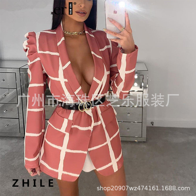 Women Plaid Deep V Neck Long Sleeve Office Fashion Blazer