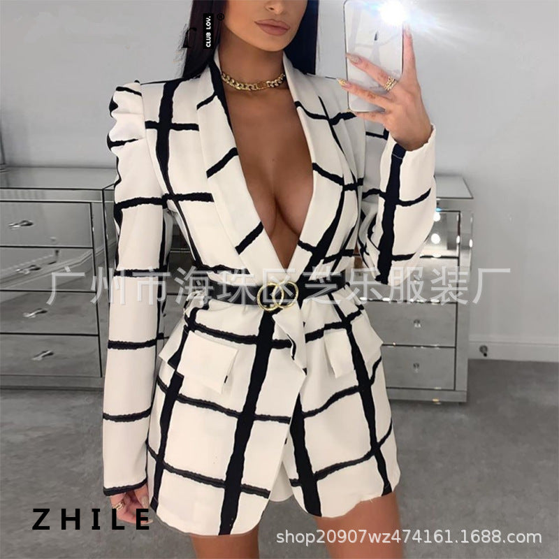 Women Plaid Deep V Neck Long Sleeve Office Fashion Blazer