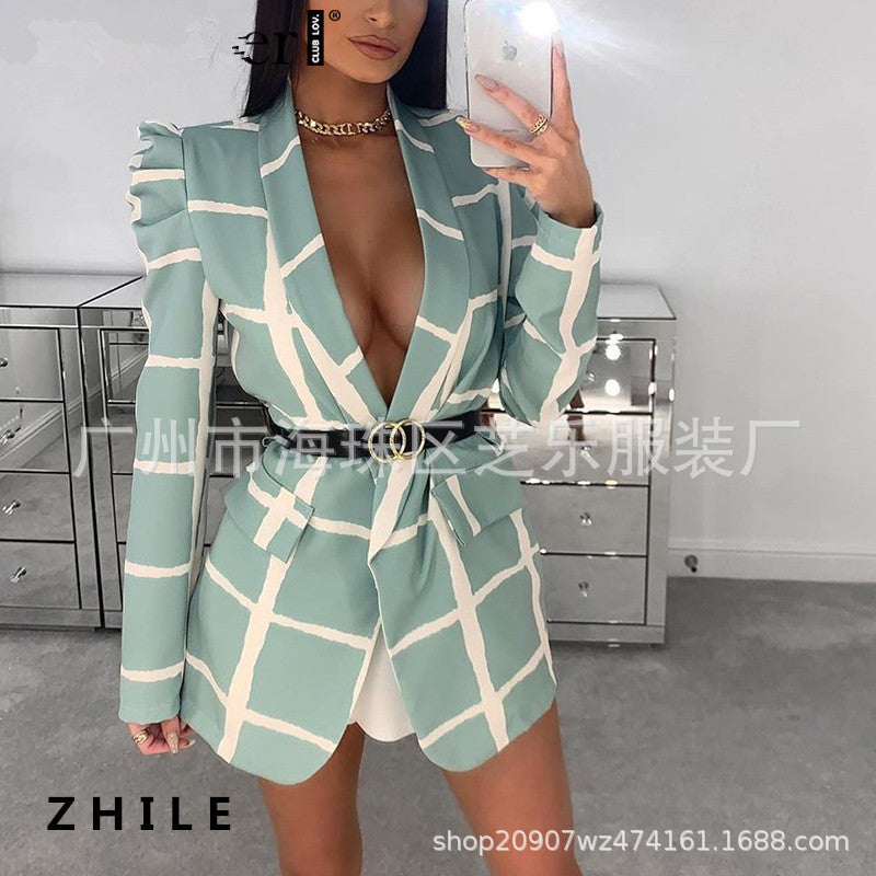 Women Plaid Deep V Neck Long Sleeve Office Fashion Blazer