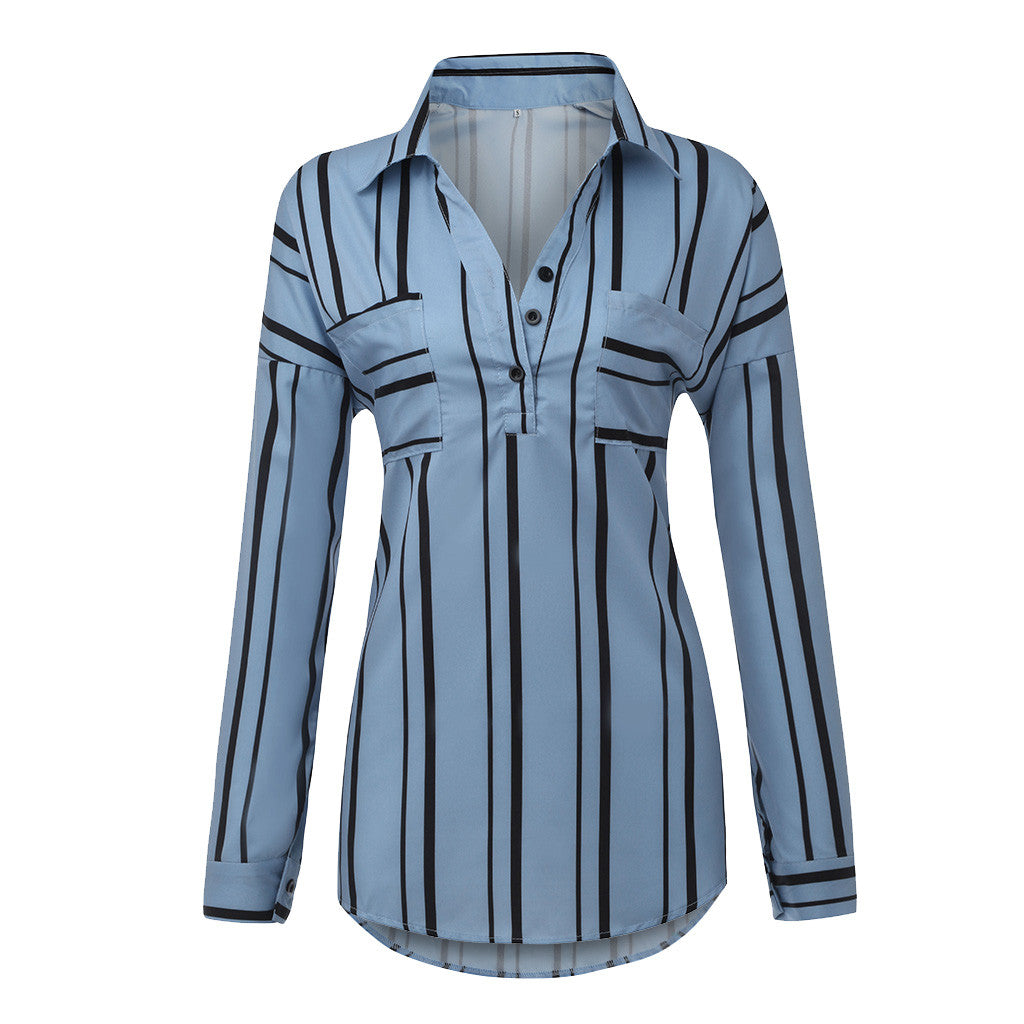 Women's V-neck striped roll sleeve button shirt