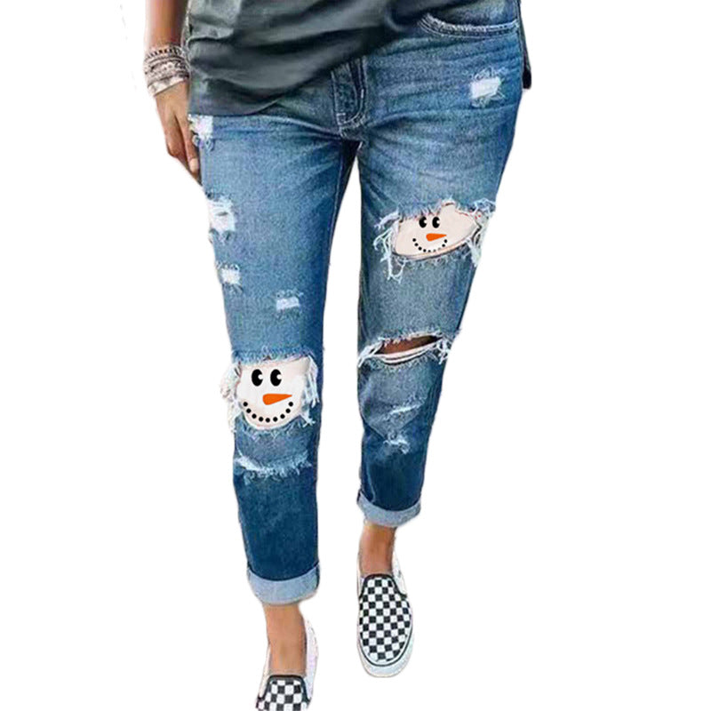 Vaqueros elásticos de denim rotos con estampado divertido de Halloween