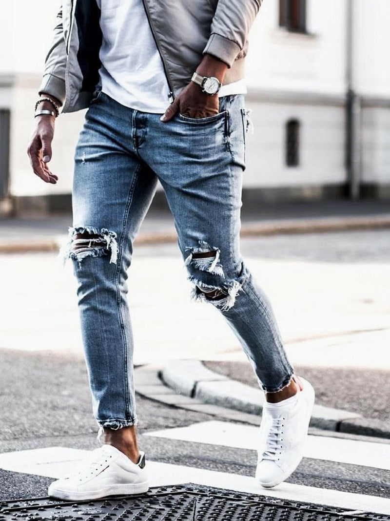 Jeans décontractés en denim déchiré pour hommes