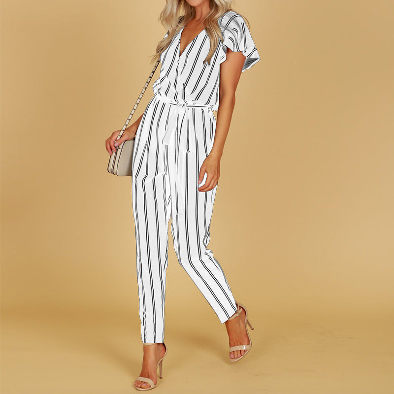 V-neck halter Elegant Striped Jumpsuit