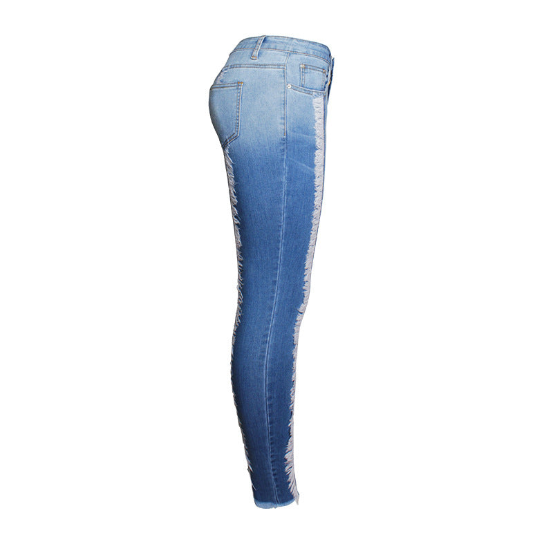 Femmes Stretch blanc glands jean avec taille haute élasticité grande taille crayons épissure Denim pantalon jean décontracté pour les filles