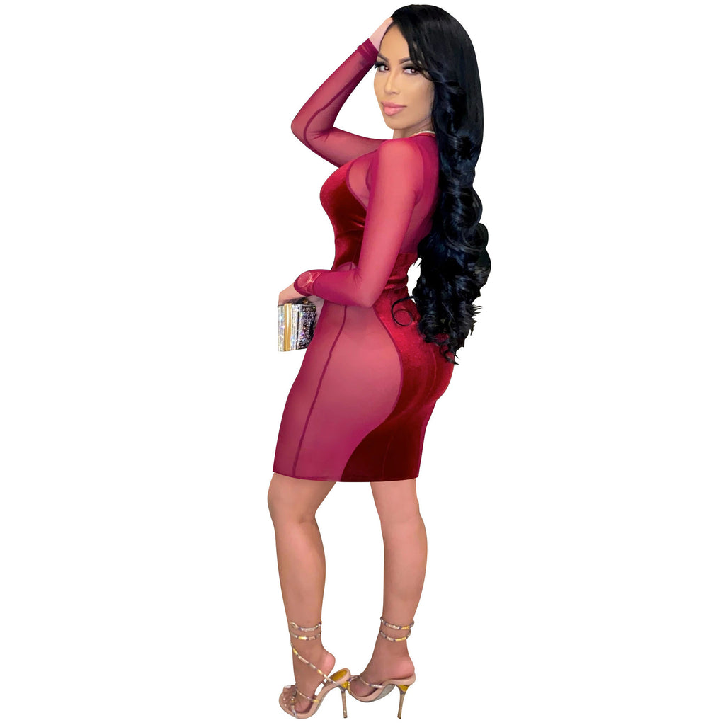 Chic maille patchwork velours robe femmes évider robes sexy