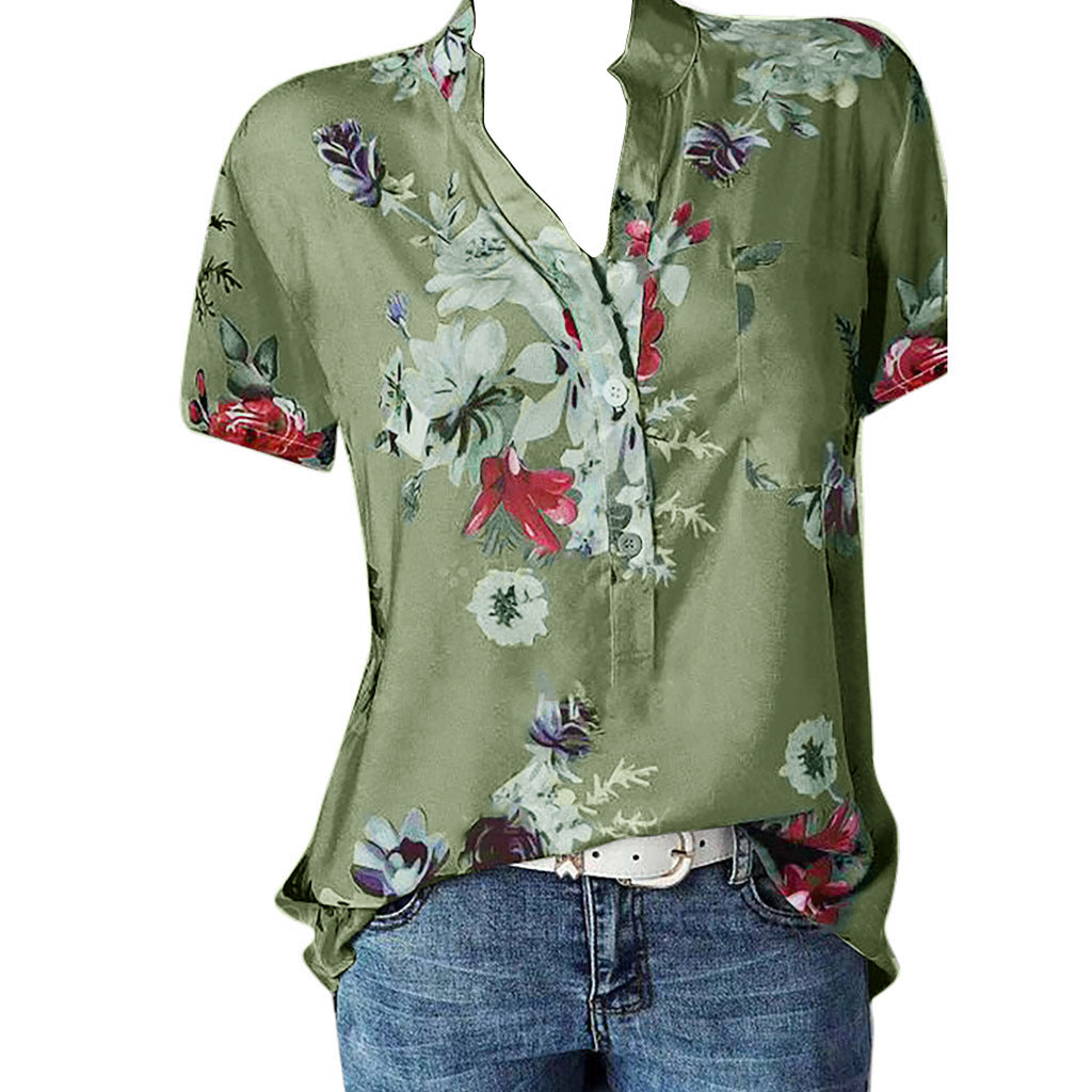 Chemise à manches courtes à col en V imprimé à la mode