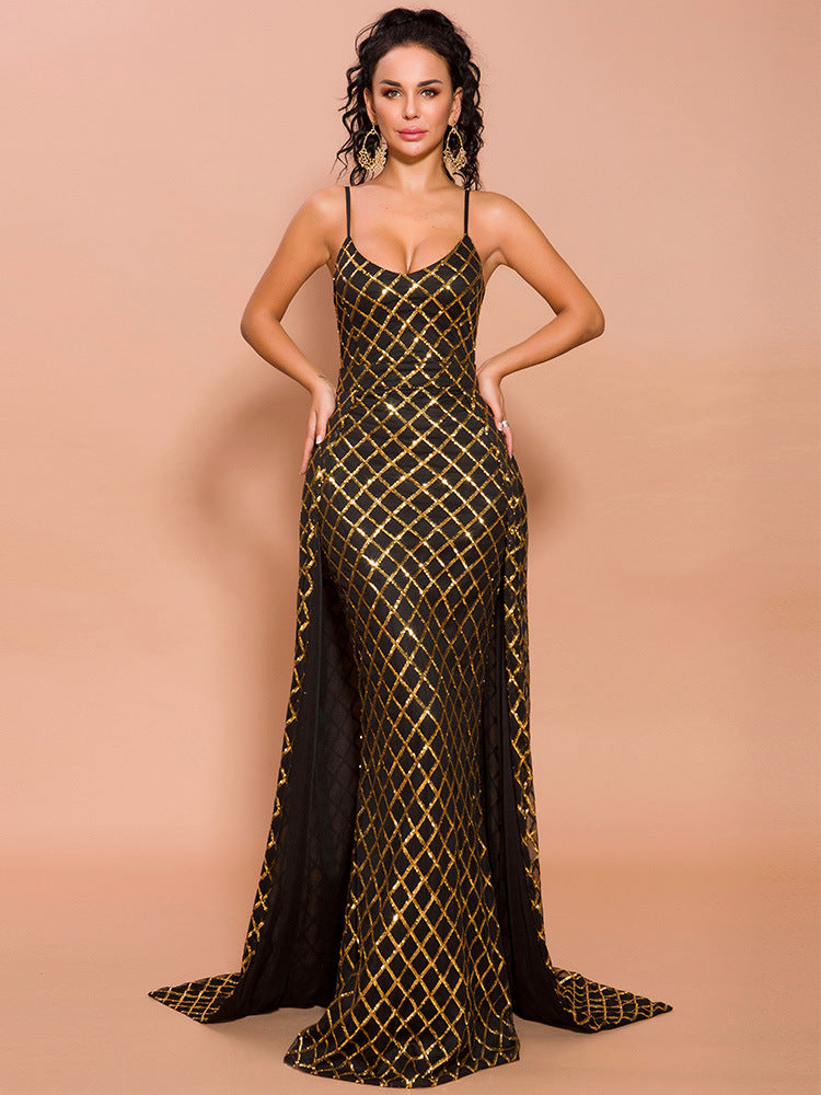 Strapless Plaid Sequined Evening Dress