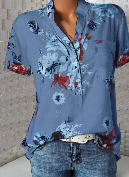 Fashion printed V-neck short sleeve shirt