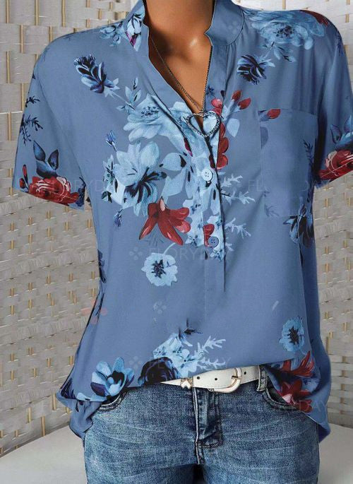 Chemise à manches courtes à col en V imprimé à la mode