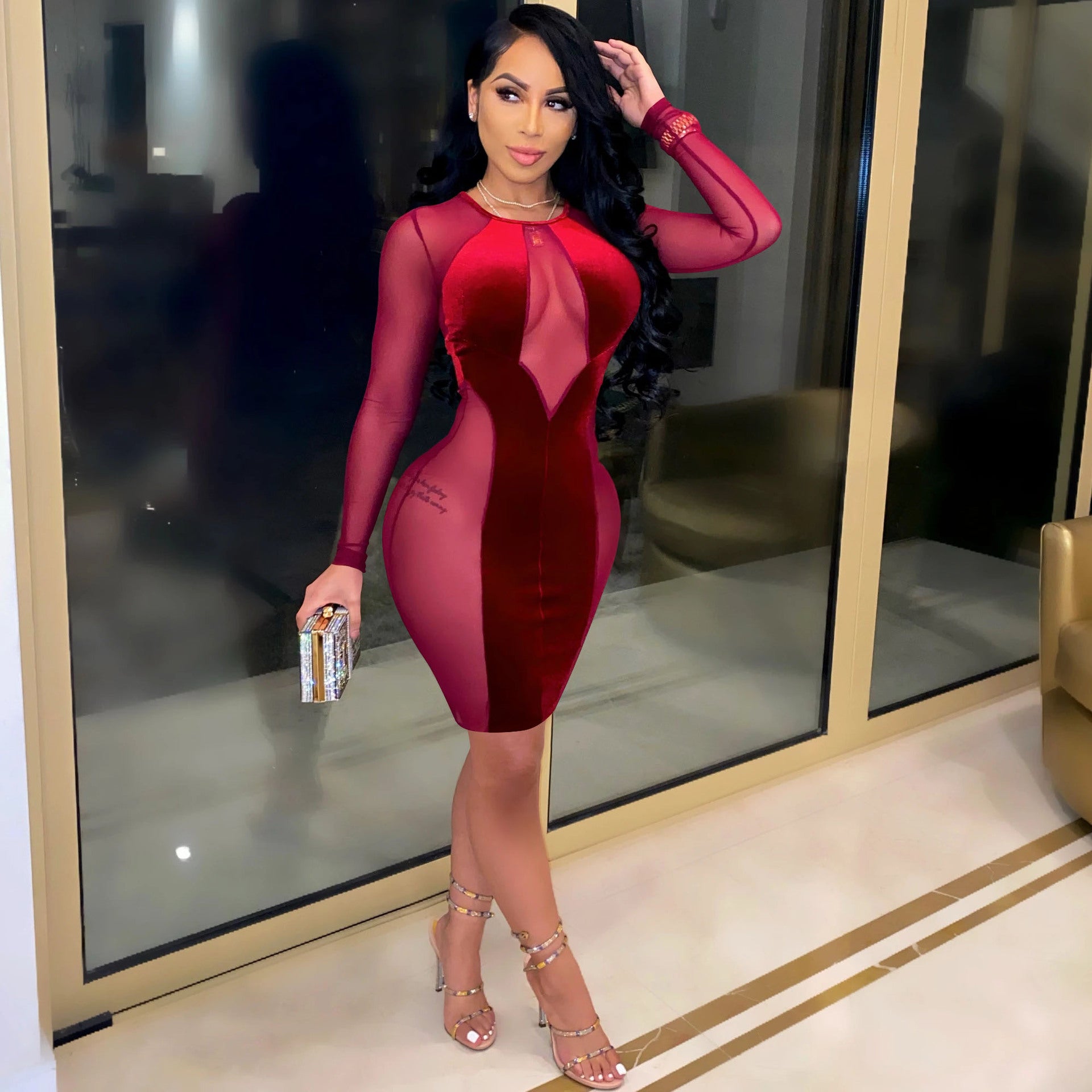 Chic maille patchwork velours robe femmes évider robes sexy