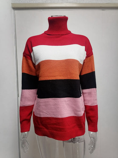 Ladies High Neck Stitching Knitted Striped Sweater