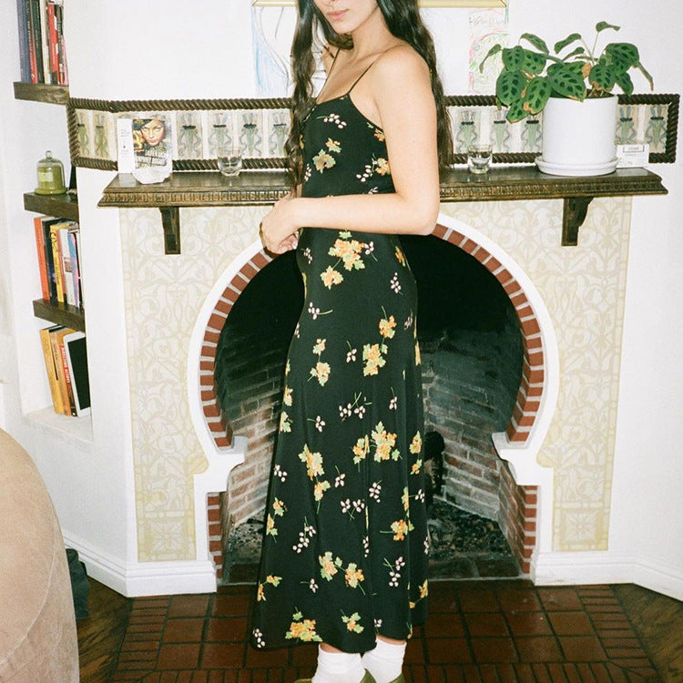 Women Printed V-neck Halter Strap Maxi Dress