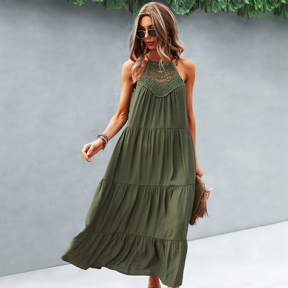 Sling Collar Solid Color Stitching Large Hem Midi Skirt