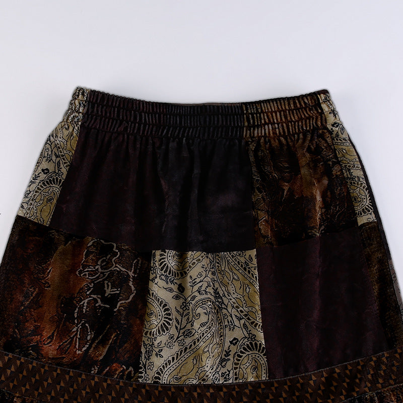 Vintage Contrast Panel Velvet Skirt