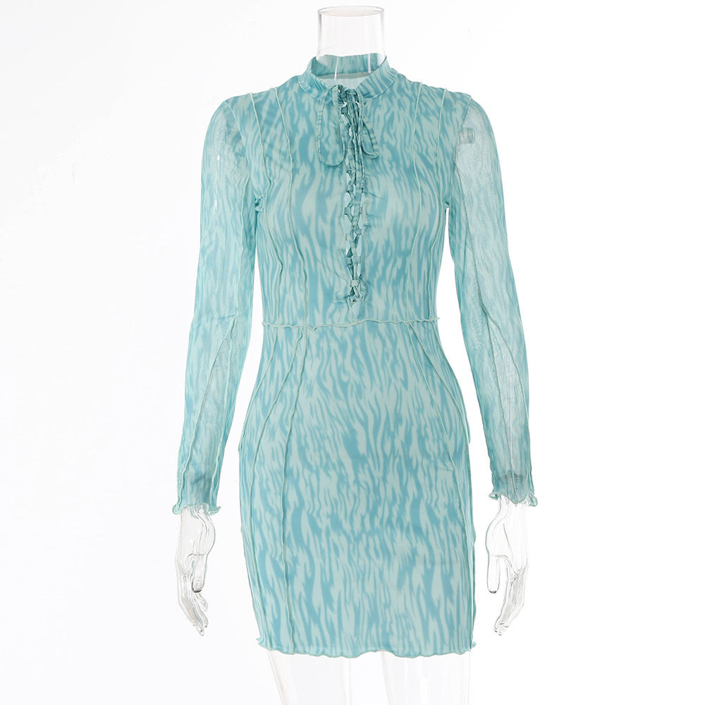 Hollow Lace-Up Mesh Long-Sleeved Dress