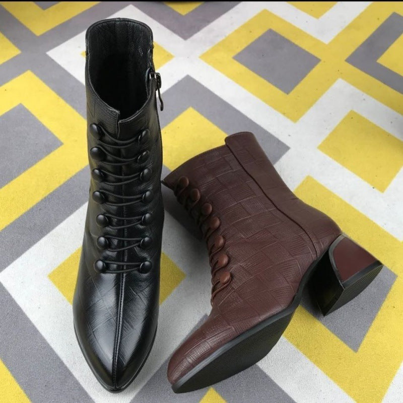 Thick-heeled Leather Mid-boots Women's New Fashion Plus Velvet