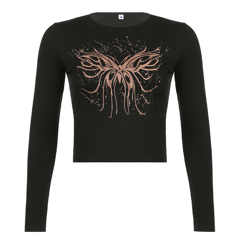 Women Butterfly Print Slim Round Neck Long Sleeve T-shirt
