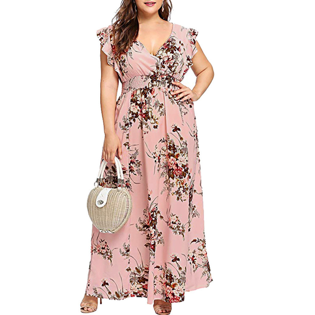 Women Chiffon Elastic Waist Short Sleeve Printing  Dress