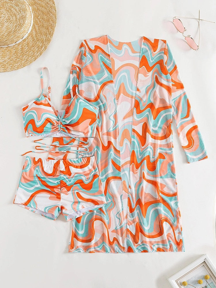 Bandage taille haute Bikini Set Cover Up maillot de bain pour les femmes