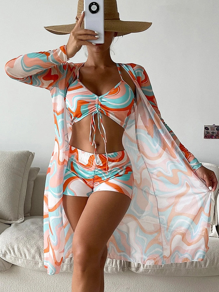 Bandage High Waist Bikini Set Cover Up Swimsuit For Women